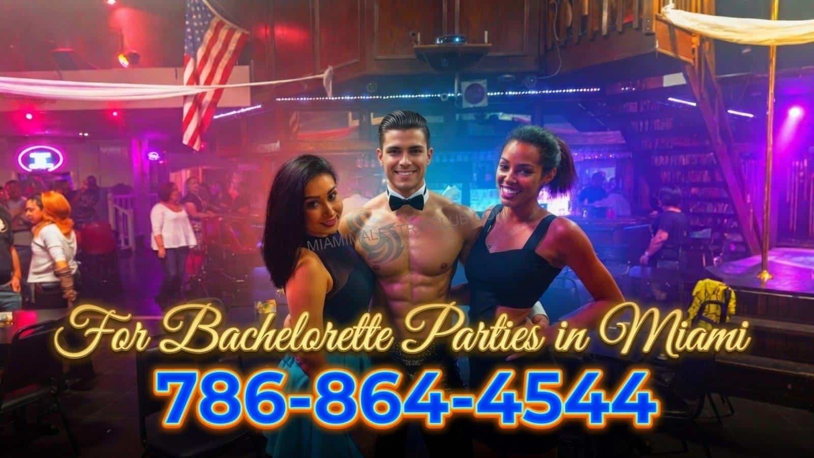 Miami all male strip club show with a male dancer entertaining a bachelorette party group