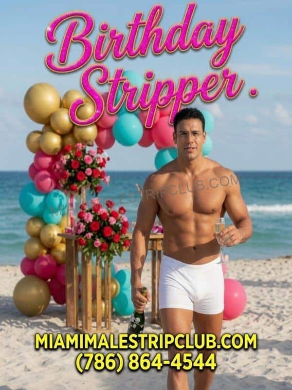 Birthday stripper on South Beach in Miami with balloon decor at a beach party setup