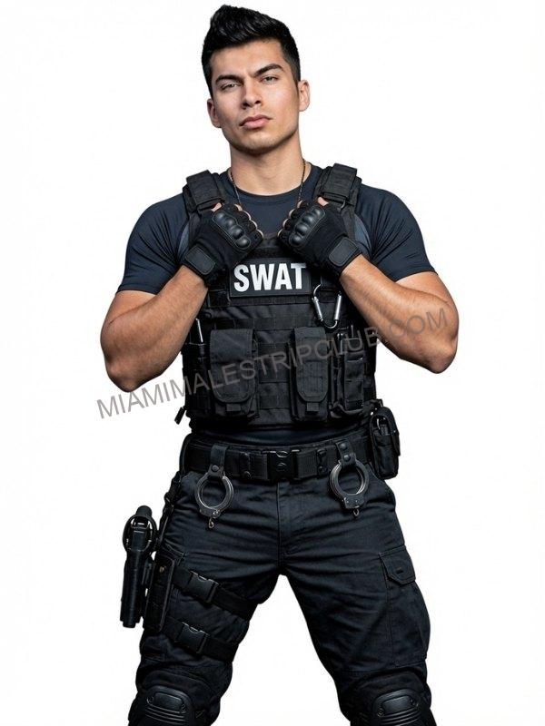 JD in SWAT tactical gear for a Miami police-themed show