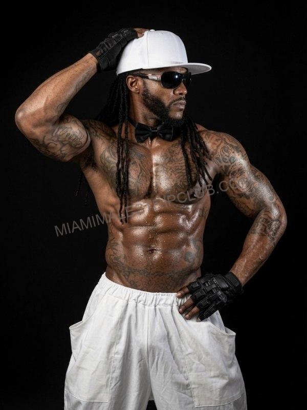 Miami male dancer Tensa in a white hat and bow tie