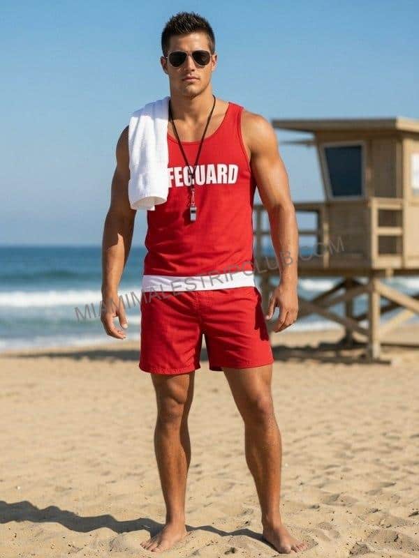 Mario in a lifeguard costume on the beach in Miami