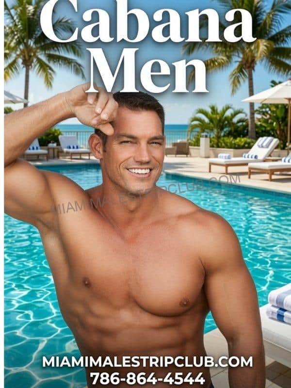 Shirtless cabana attendant poolside at a Miami bachelorette pool party