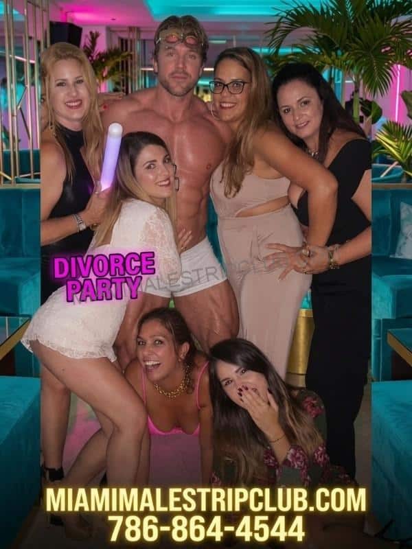 Divorce party group celebrating with a male entertainer in Miami