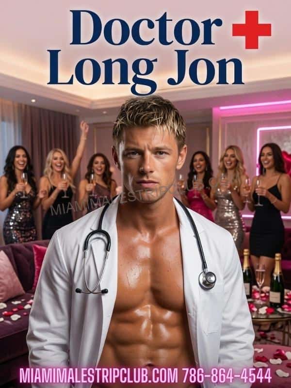Male stripper in a doctor costume performing for a group at a Miami party