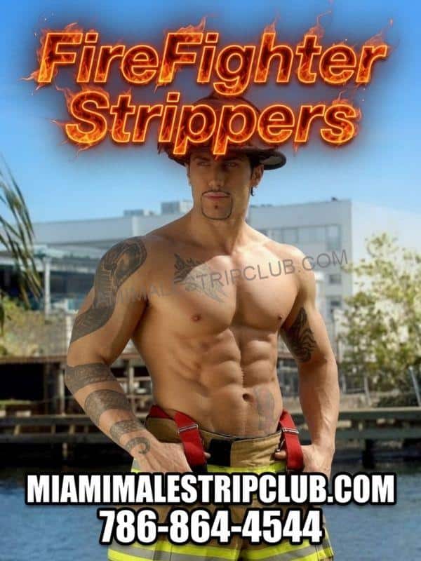 Firefighter stripper in Miami posing in turnout gear by the water