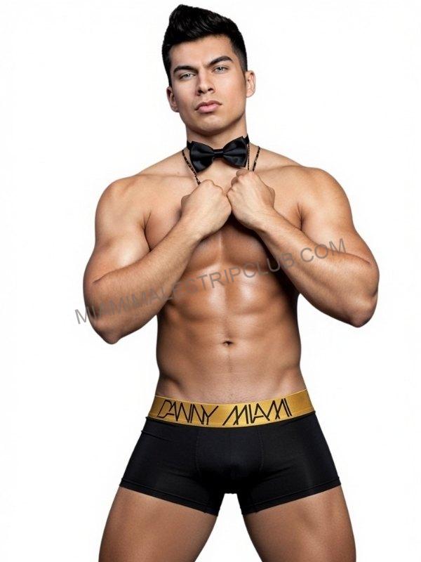 JD, Miami male stripper, in a bow tie and black trunks