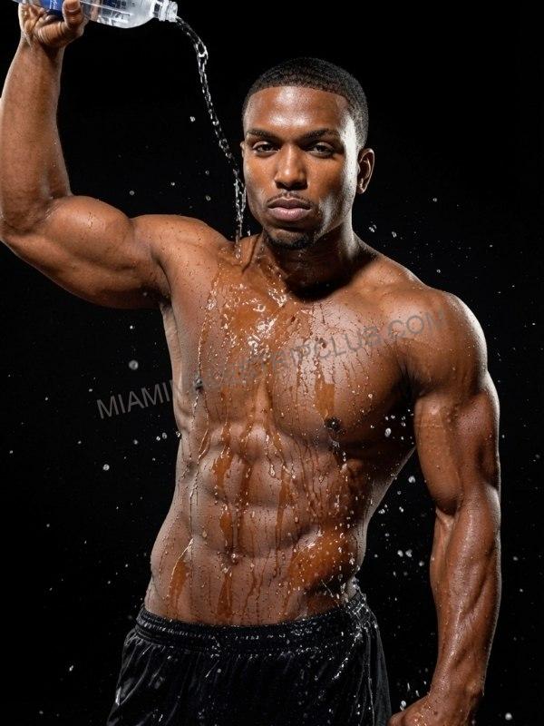 Kendrick, Miami male stripper, shirtless with water pouring over him