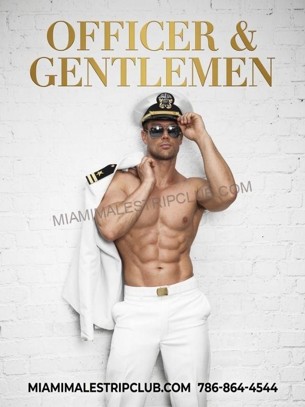 Male stripper in a naval officer costume for a Miami Officer and a Gentleman themed show
