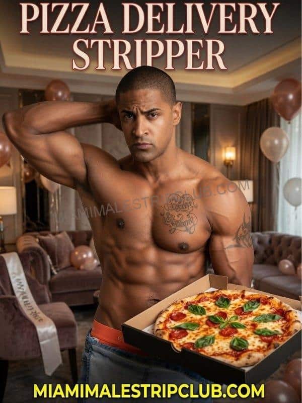 Pizza delivery stripper arriving at a Miami private party with a pizza box