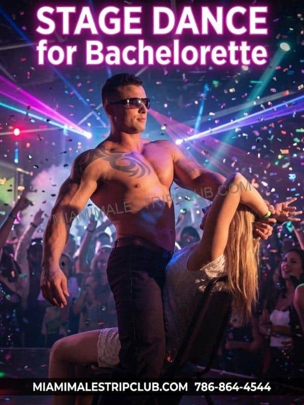 Male stripper performing a stage dance for a bachelorette party in Miami
