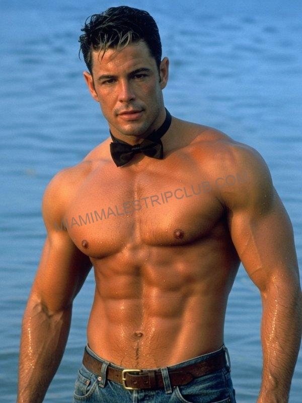 Ronnie, Miami male entertainer, shirtless in a bow tie
