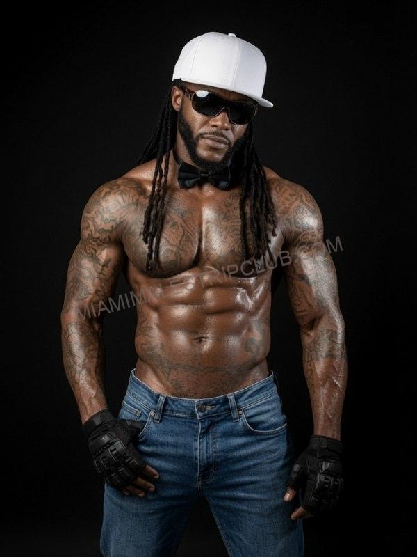 Tensa, Miami male entertainer, shirtless in jeans and a white hat