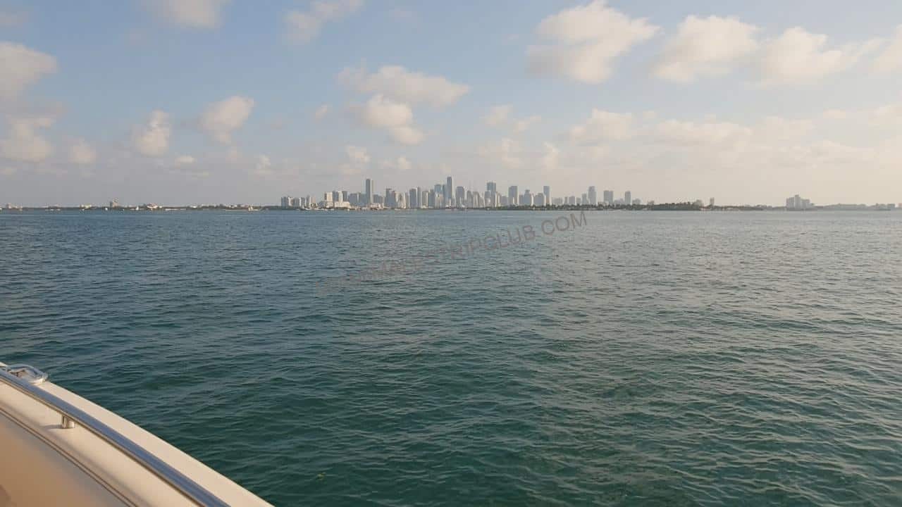 Biscayne Bay afternoon view toward the distant Miami skyline from a boat