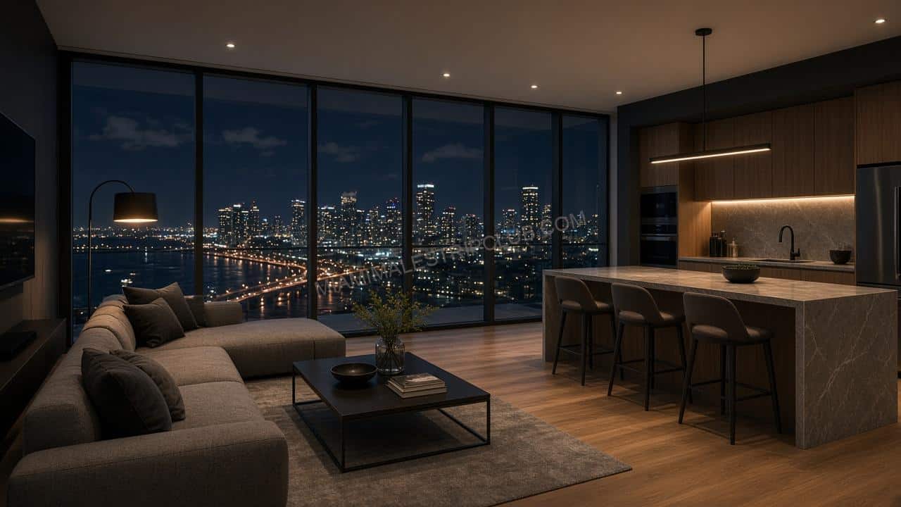 Brickell high-rise rental living room and kitchen at night with city lights