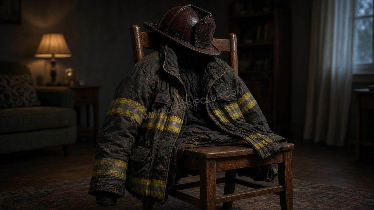 Firefighter coat and helmet on a wooden chair in a living room