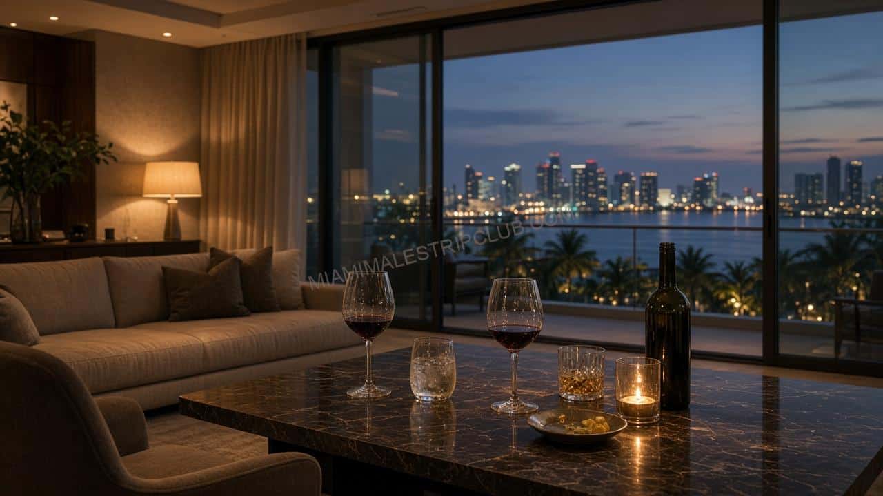 Miami living room after dinner with city lights in the window