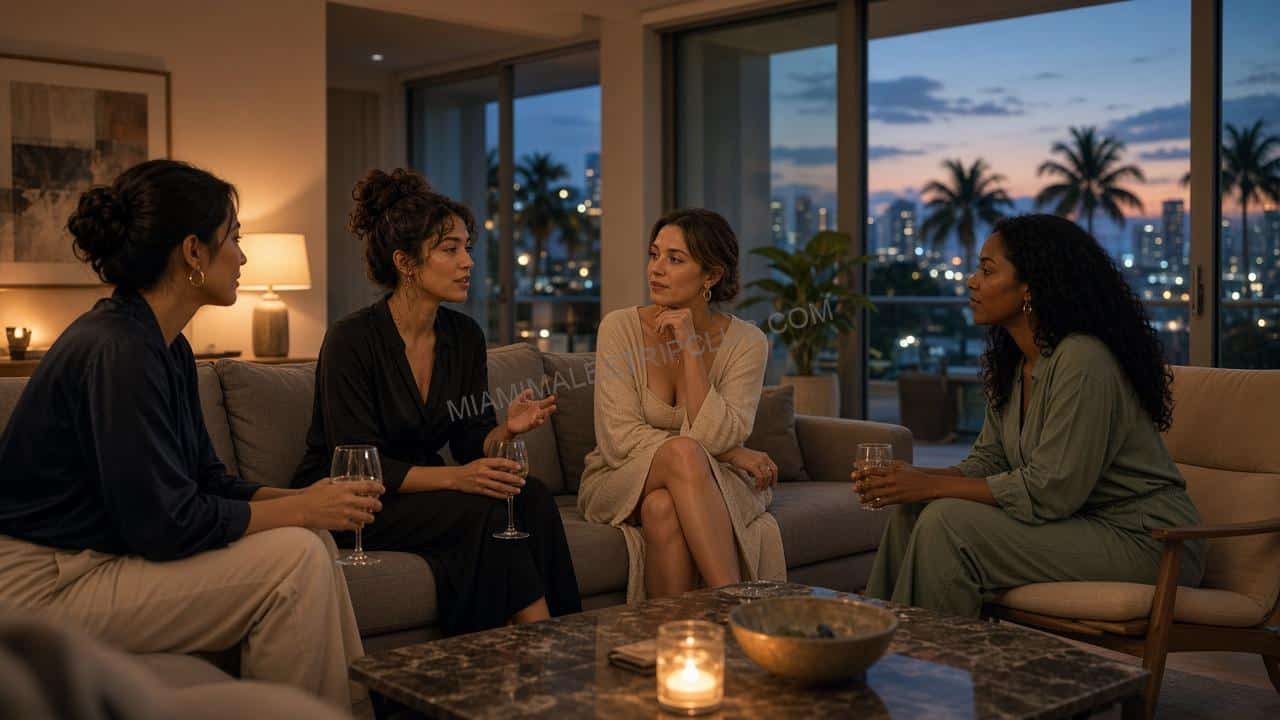Four women talking in a Miami living room at dusk while they wait