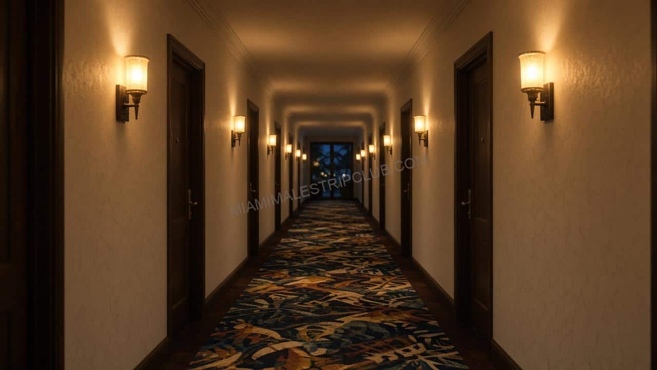 Empty Miami hotel corridor at night with patterned carpet and wall sconces