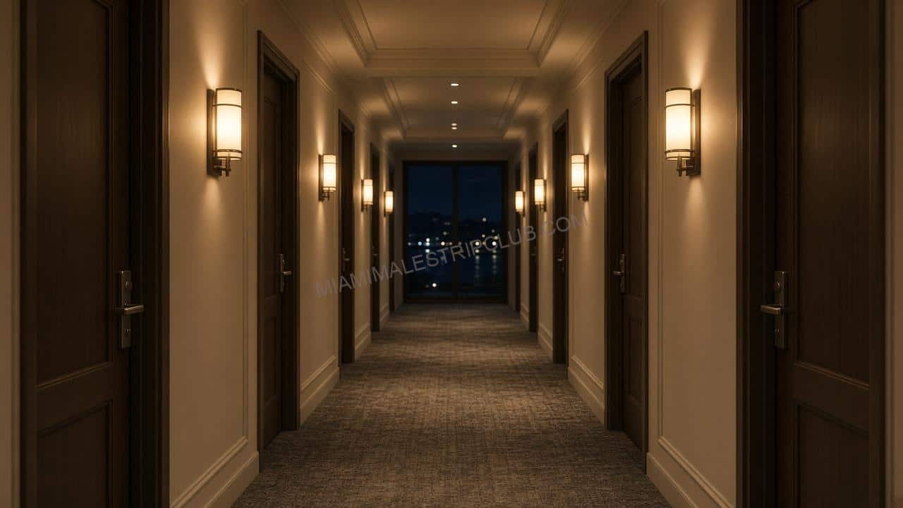 Empty Miami hotel corridor at night