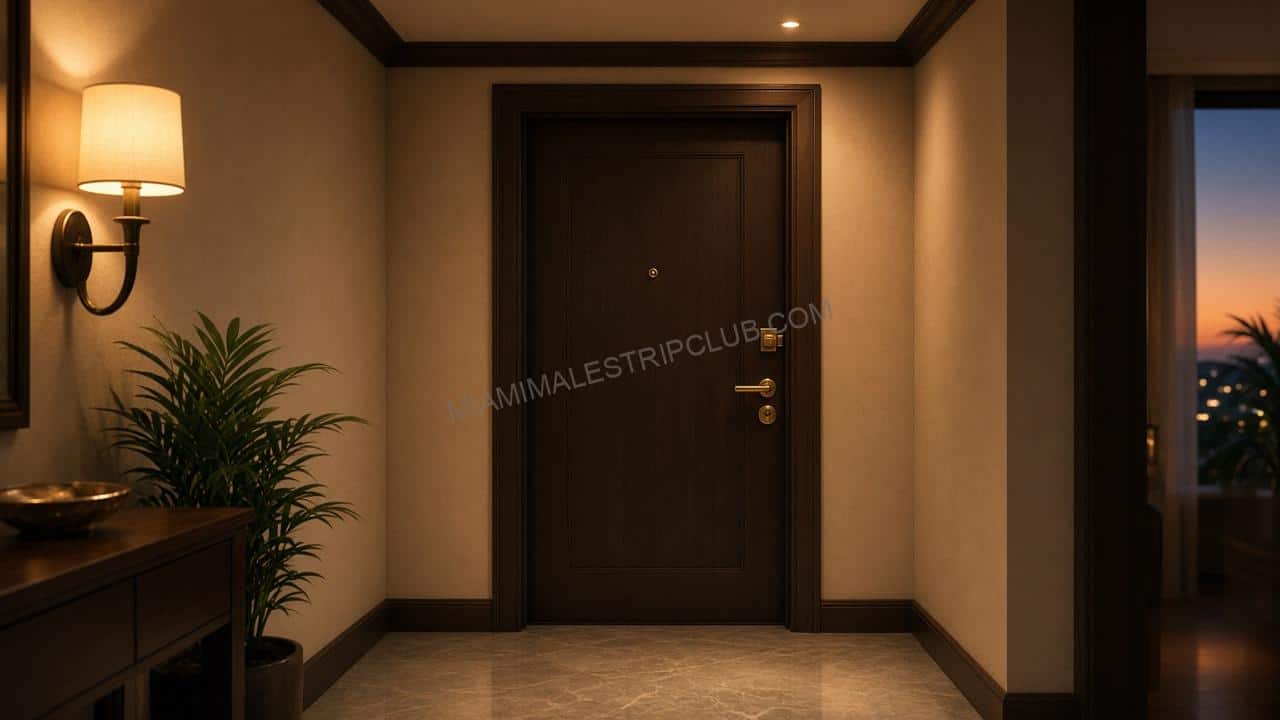 Hotel suite entryway looking at a closed door in evening light