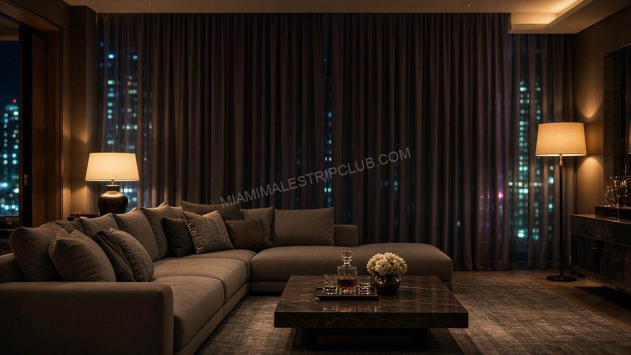 Hotel suite living room after dark with closed curtains and lamps on