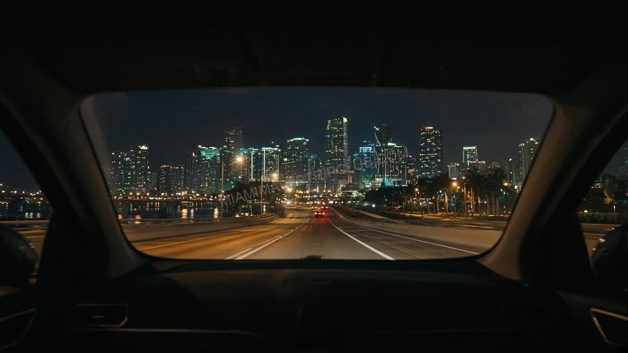 Night view of the downtown Miami skyline from a car on the causeway