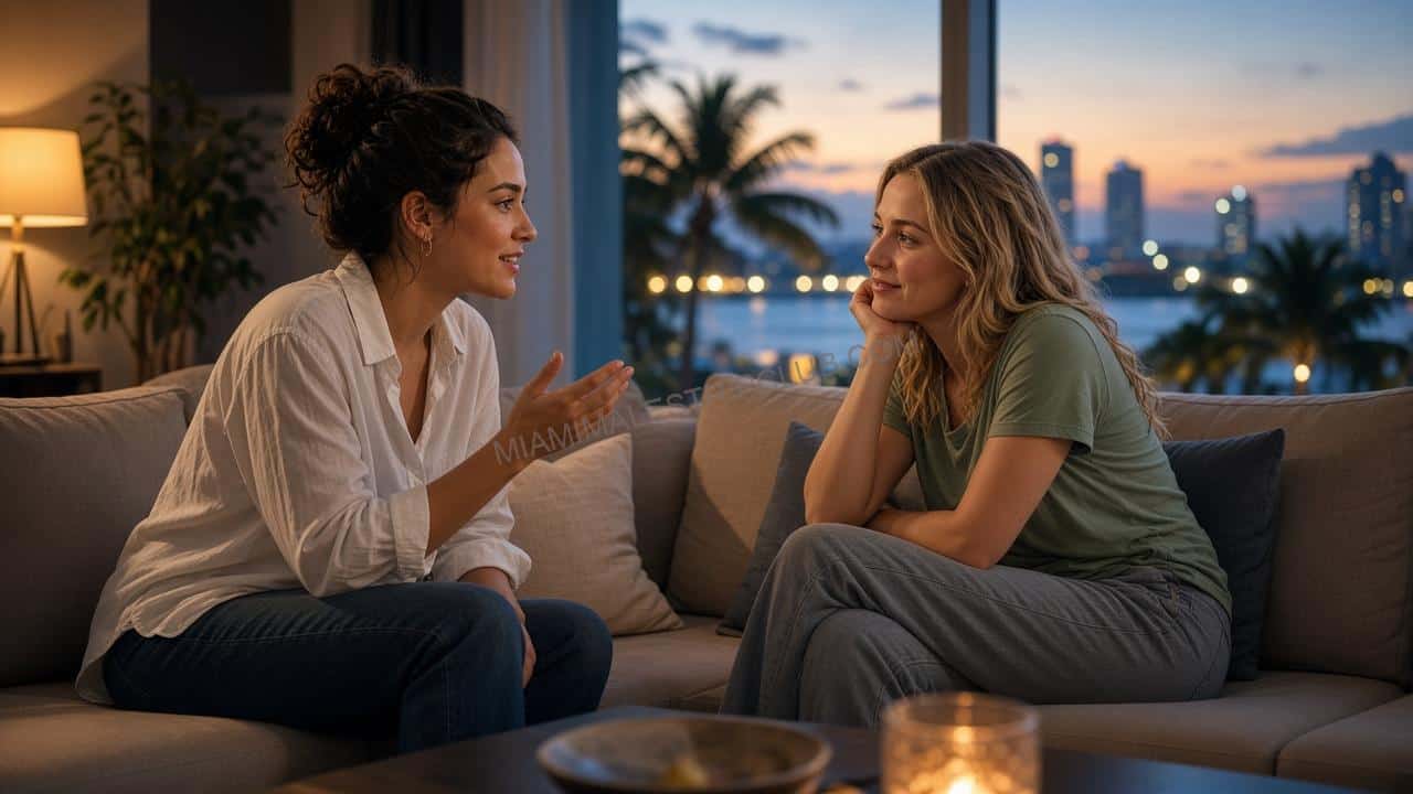 Two women talking on a sofa in a Miami apartment in the evening