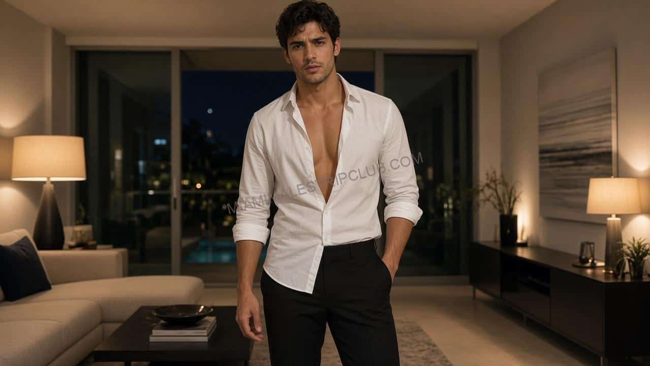 Male stripper in an open white shirt in a Miami house living room